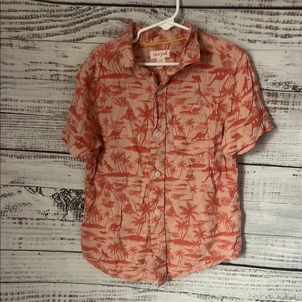 Cat & Jack orange dinosaur button up size S 6/7